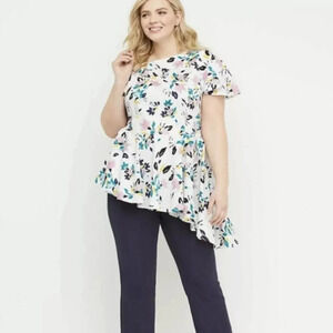 Lane Bryant White Floral Asymmetrical Short Flutter Sleeve Blouse in Size 26